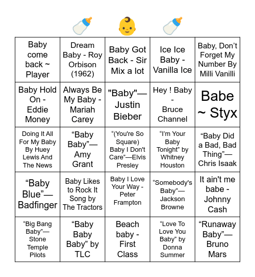 Songs with Babe/Baby in the title Bingo Card
