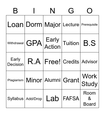 College Lingo Bingo Card