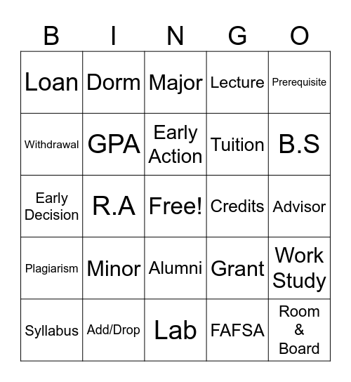 College Lingo Bingo Card