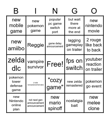 Nintendo Direct Bingo Card