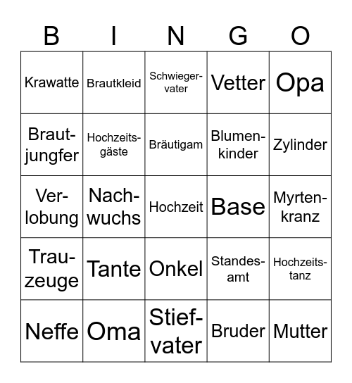 Familie und Hochzeit Bingo Card