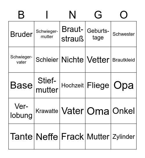 Familie und Hochzeit Bingo Card