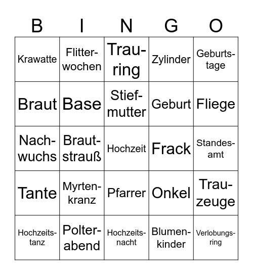 Familie und Hochzeit Bingo Card