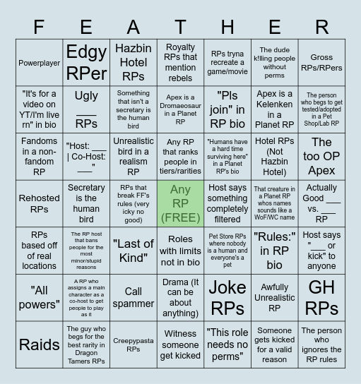 The Ultimate Feather Family RP Bingo Card