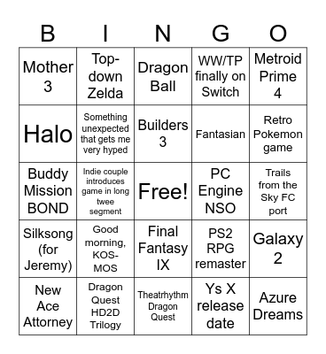 Nintendo Direct June 24 Bingo Card