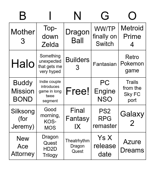 Nintendo Direct June 24 Bingo Card