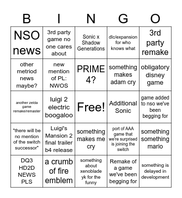 NINTENDO DIRECT Bingo Card