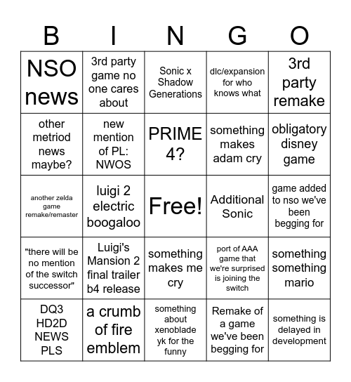 NINTENDO DIRECT Bingo Card