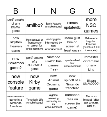 Nintendo Direct 6/18/24 Bingo Card