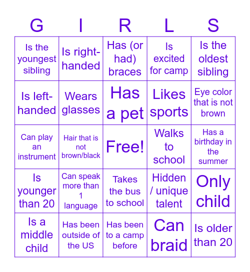 GE Girls Bingo Card