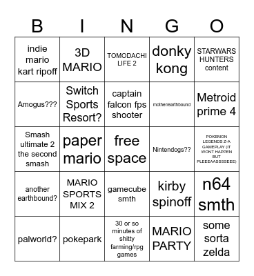 Personal Wishes for Nintendo Direct 6/18/2024 Bingo Card