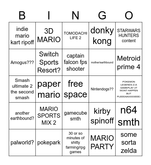 Personal Wishes for Nintendo Direct 6/18/2024 Bingo Card