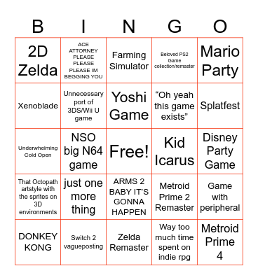 Nintendo Direct 6/18 Bingo Card