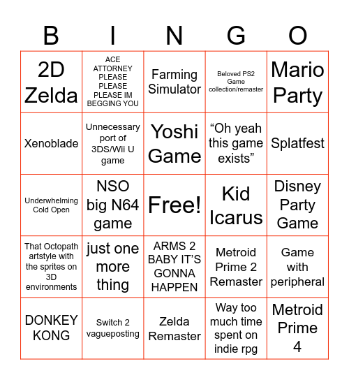 Nintendo Direct 6/18 Bingo Card