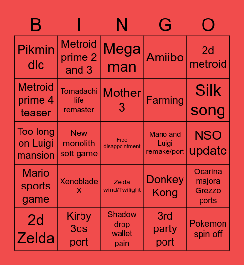 Nintendo summer direct 2024 Bingo Card