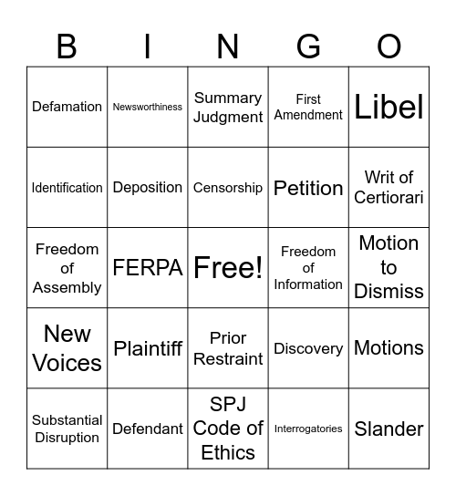 Media Law & Ethics Bingo Card