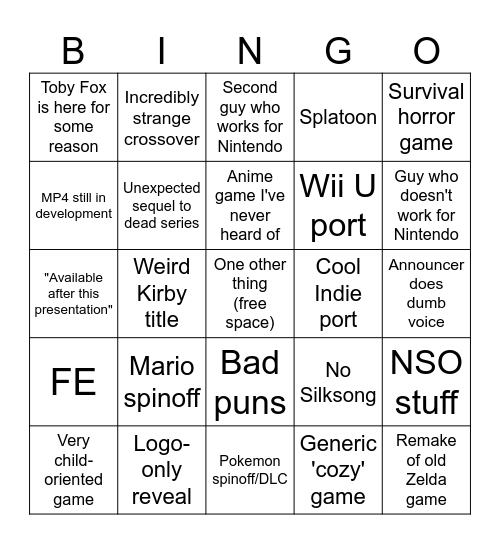 Nintendo Direct Bingo Card