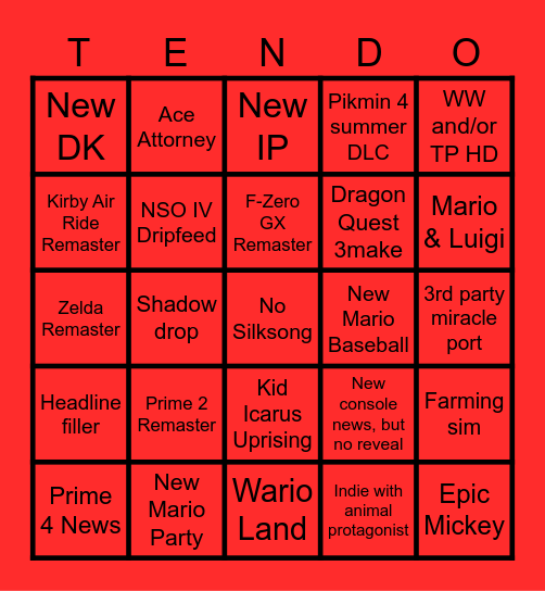 Nintendo Direct June 18, 2024 Bingo Card