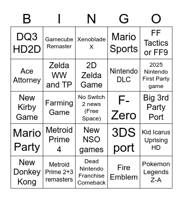 Nintendo Direct Bingo Card