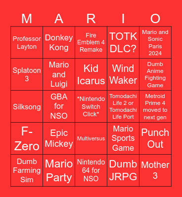 Nintendo Direct June 2024 Predictions/Hopes Bingo Card