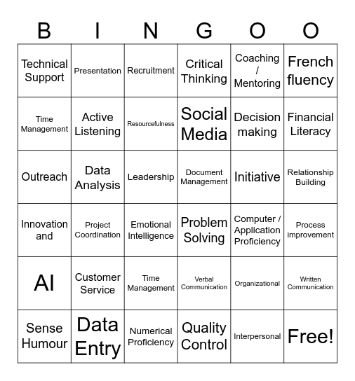 Transferable Skills Bingo Card