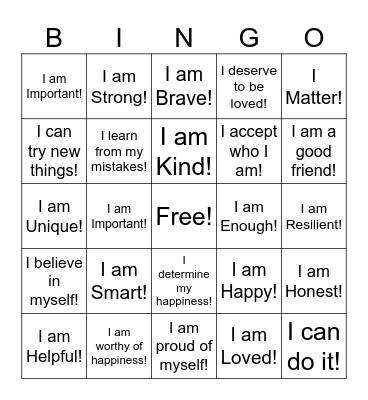 Positive Affirmation Bingo Card