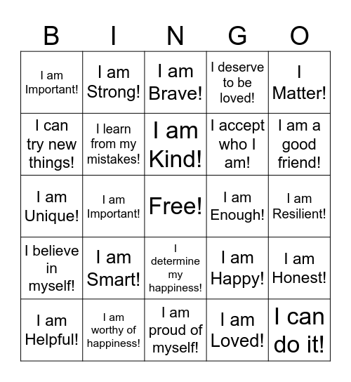 Positive Affirmation Bingo Card