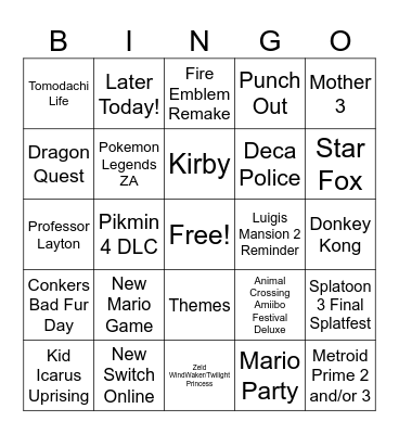 Nintendo Direct Bingo Card