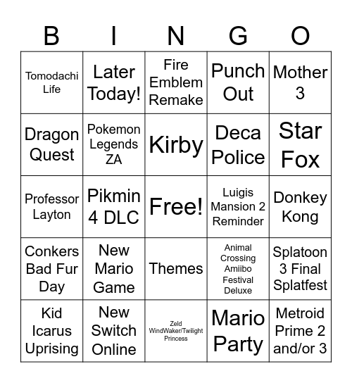 Nintendo Direct Bingo Card