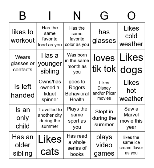 Get To Know Your Class Bingo! Bingo Card
