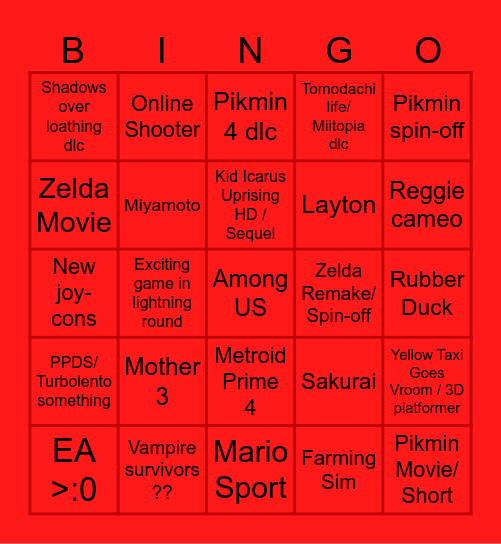 Nintendo Direct Bingo Card