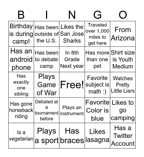 Capitol Debate Bingo Card