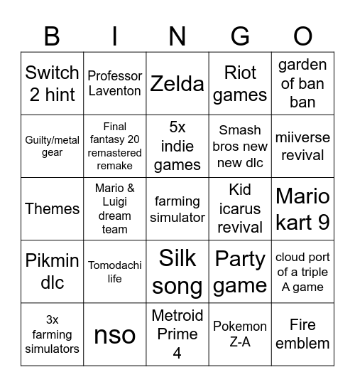 Nintendo die erect 18/6/2024 Bingo Card