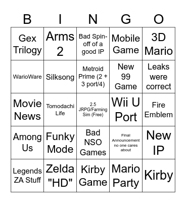 Nintendo Direct June 2024 Bingo Card
