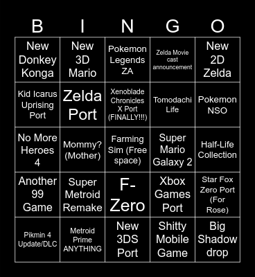 Nintendo Direct Bingo Card