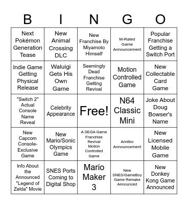 Nintendo Direct Bingo Card