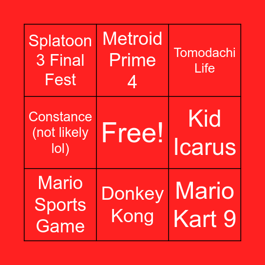 Nintendo Direct Bingo Card