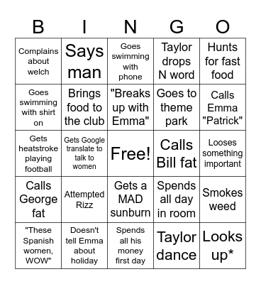 Taylor man bingo Card