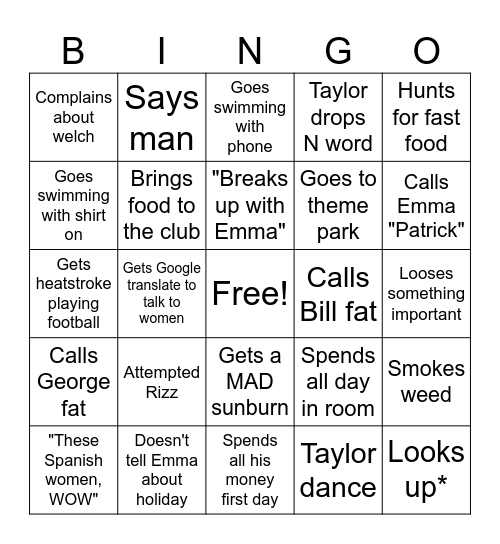 Taylor man bingo Card