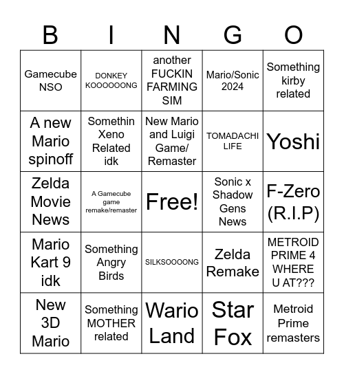 NINTENDO DIRECT Bingo Card