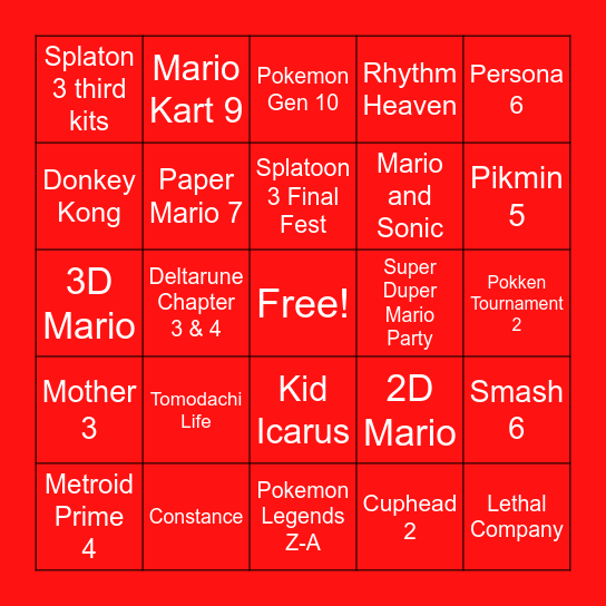 Nintendo Direct Bingo Card