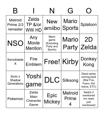 Nintendo Direct June 2024 Bingo Card