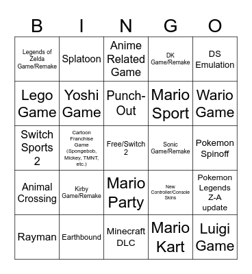 Nintendo Direct Bingo Card