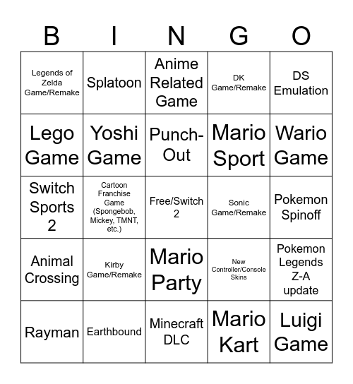 Nintendo Direct Bingo Card