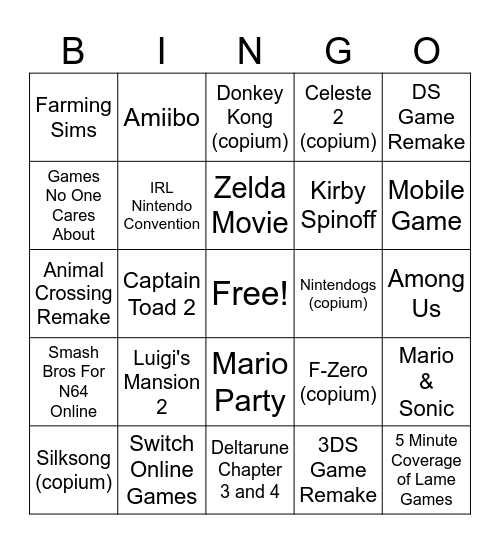 Nintendo Direct 6.18.24 Predictions Bingo Card
