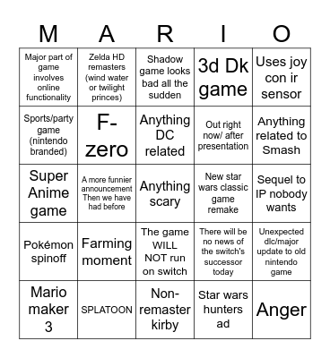 Nintendo direct 6/17 Bingo Card