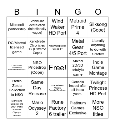 Nintendo June 19 2024 Direct Bingo Card