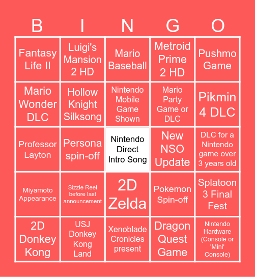 Nintendo Direct Bingo Card