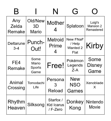 Nintendo Direct Bingo Card