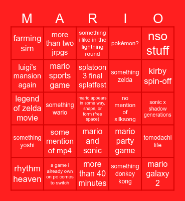 6/17/24 nintendo direct Bingo Card
